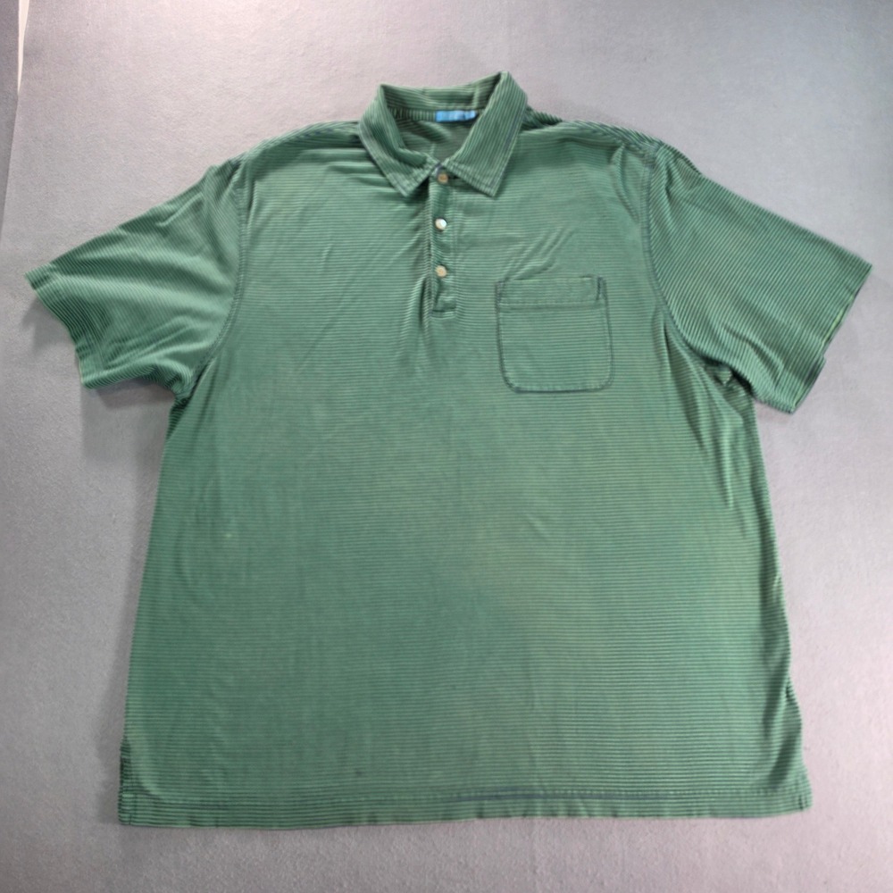 J.McLaughlin Mens XL Pima Cotton Polo Shirt Green Navy Micro Stripe Chest Pocket